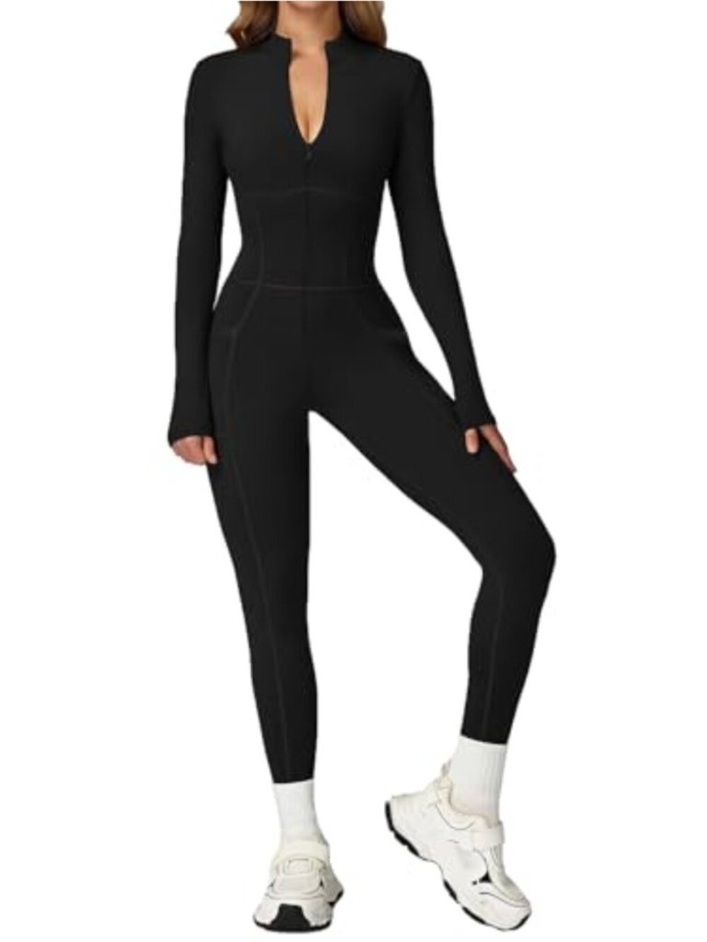 Women's One Piece Workout Jumpsuit Zip Long Sleeve Pockets Slim Fit Romper